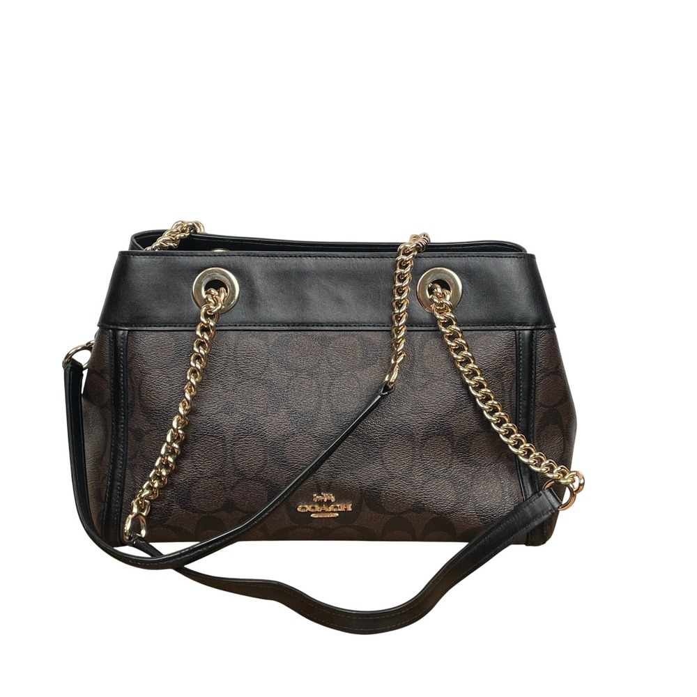 Coach Brooke Chain Carryall Signature Canvas Brown Leather Logo Luxury F39711
